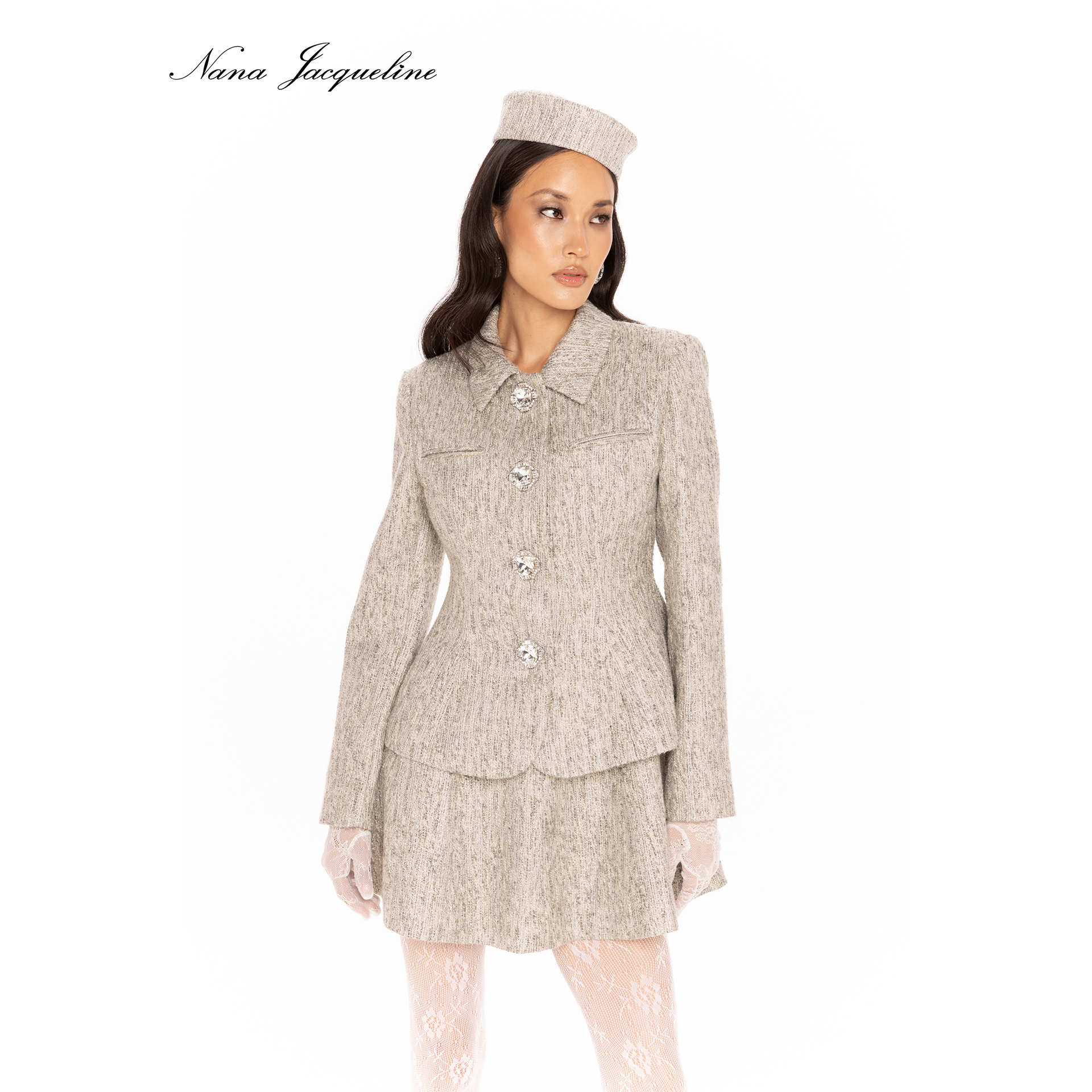 Nana Jacqueline 25AW 小翻领编织钻扣外套女高智感羊毛混纺西装