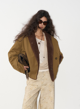 IF BY LAND 25秋冬季新款 深绿色翻毛领斜搭扣外套