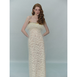 Tension Archive 清透网纱针织紧身羽毛钉珠抹胸裙