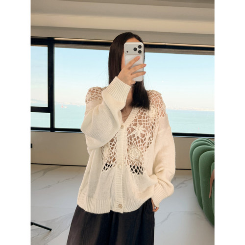 现货Shelle Artiste宽松优雅干杯钩花镂空外套纯色百搭长袖开衫