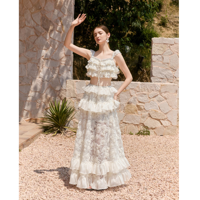 Wardrobes by chen25AW立体盘花蕾丝多层荷叶边短款上衣⻓款半裙