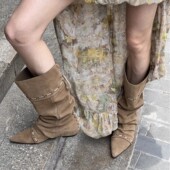 unfolio2025早秋新款 过膝靴可折叠两穿尖头长靴百搭堆堆靴子女