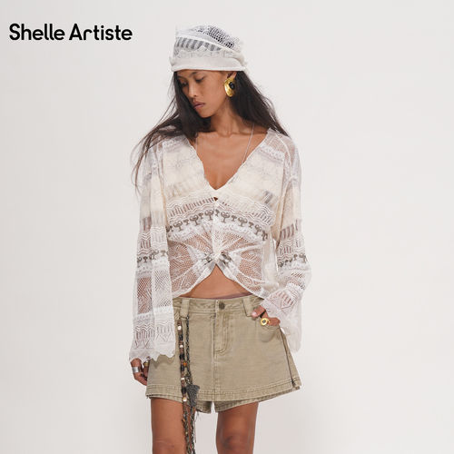 Shelle Artiste 26夏复古干杯吧钩花针织镂空扭结V领长袖套头上衣