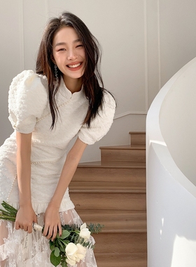 MOOD X MIURA 2J新款白色珍珠装饰可拆卸蕾丝下摆连衣裙礼服