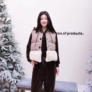 棕咖色复古格纹羊毛羽绒马甲 25AW GUO JINGYI