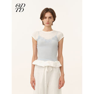 T恤修身 假两件蕾丝拼接撞色短袖 ODTD26春夏新款 女 设计师女装