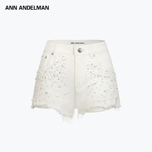 ANN ANDELMAN 碎钻珍珠牛仔短裤毛边破洞白色高腰热裤