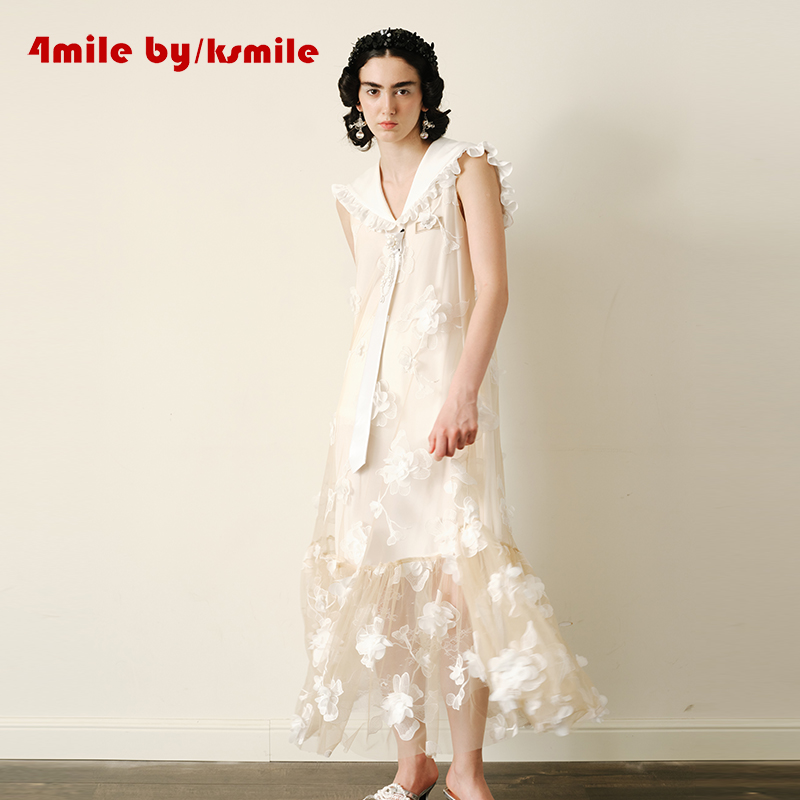 4MILE BY KSMILE 夏季新款仙女立体花朵海军领欧若风飘逸连衣裙