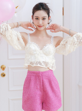 现货For Love and Lemons2R春夏鹅黄色浪漫吊带蕾丝上衣百搭