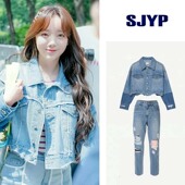 清货折XSS SJYP 秋拼接牛仔夹克上衣 破洞长裤 拼接牛仔半裙女