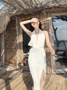 【清货黑折XS】MISHA 春季新款白色无袖腰部系带露背连衣裙