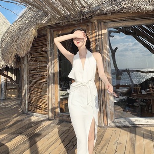 清货黑折XS 白色无袖 MISHA 新款 腰部系带露背连衣裙 春季