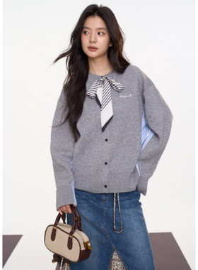 Aimme sparrow25FW 灰色拼接腊肠小狗装饰polo毛衣牛仔拼接半身裙