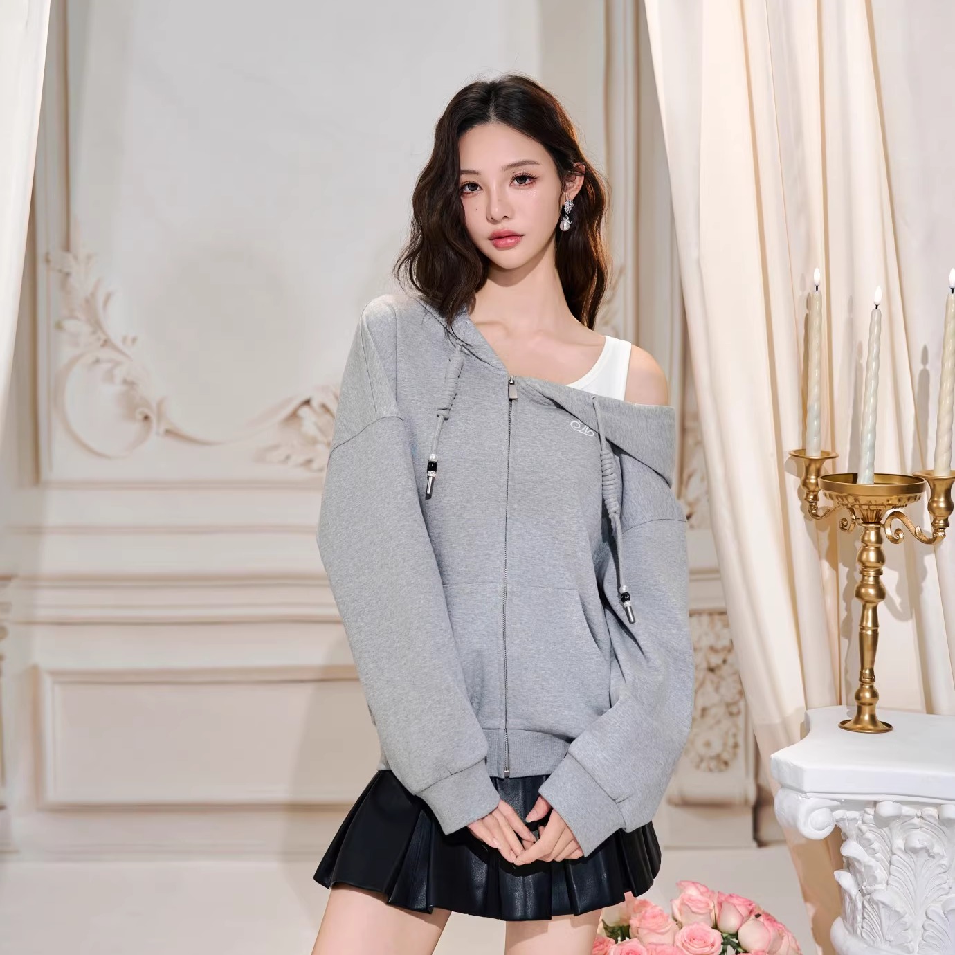 Three Quarters 25AW 灰色露肩假两件宽松卫衣外套