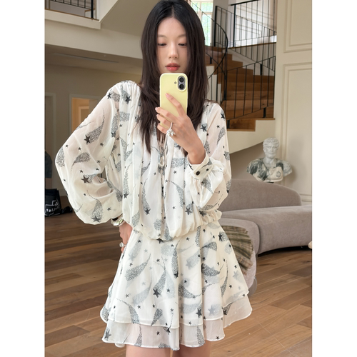 【设计师女装】ODTD26早秋新款系带长袖星星印花连衣裙原野浪漫风