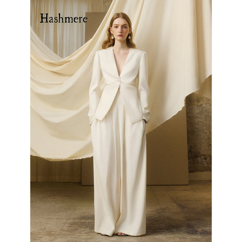 Hashmere 白色休闲通勤高级感一粒扣V领修身掐褶西服外套西装