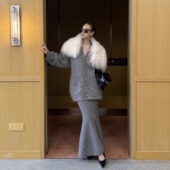 毛织鱼尾半裙 CNLEEWEI 可拆仿狐狸毛领毛织开衫 25秋季 外套 新款