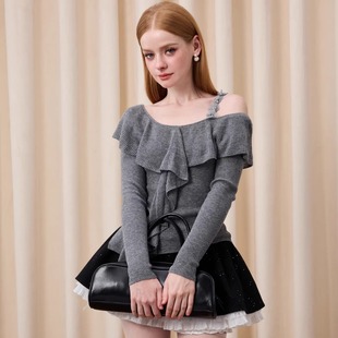 斜肩花朵吊带毛衫 长袖 撞色底毛呢展裙 短款 EIMISMOSOL2025AW秋冬