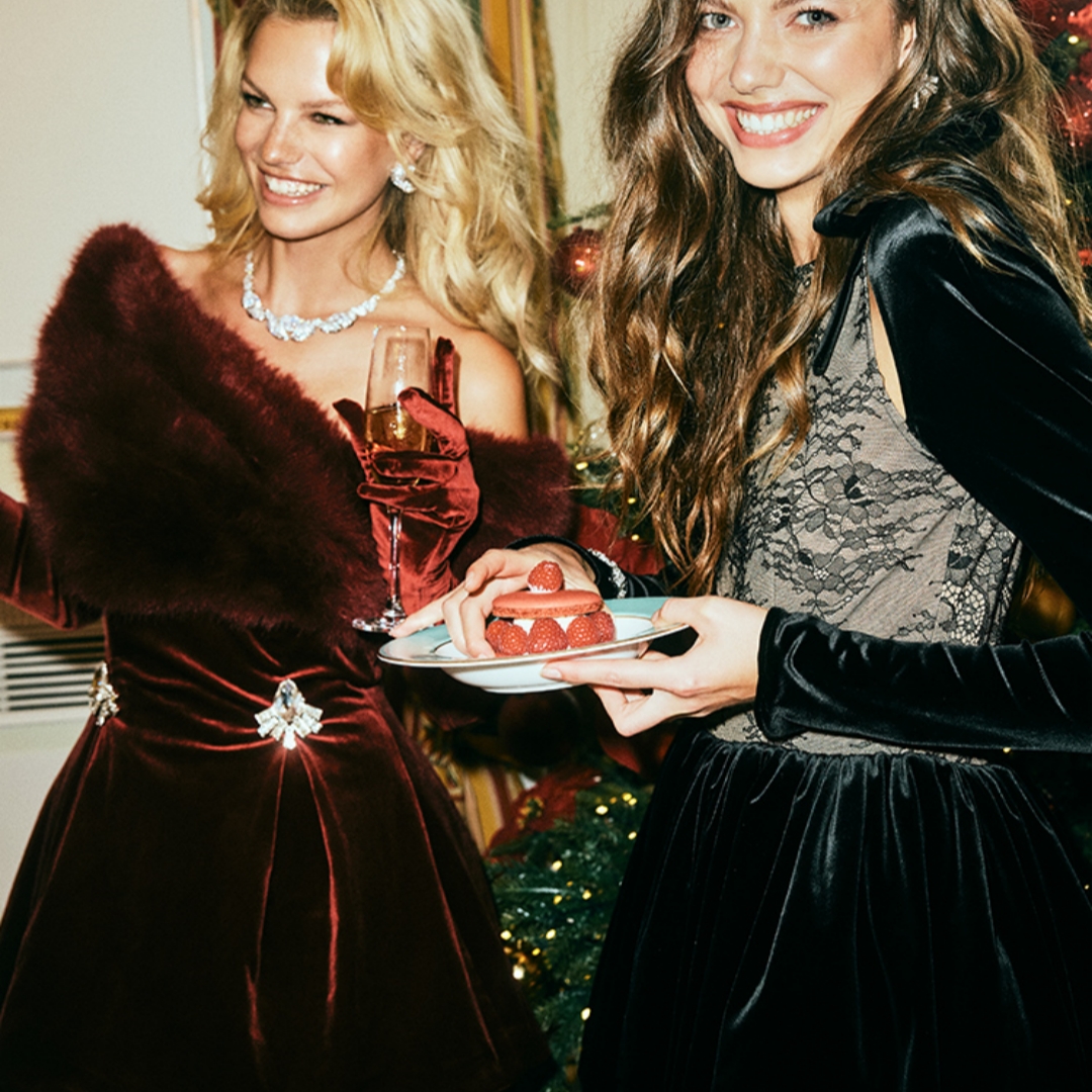 分叉毛领钻饰丝绒连衣裙