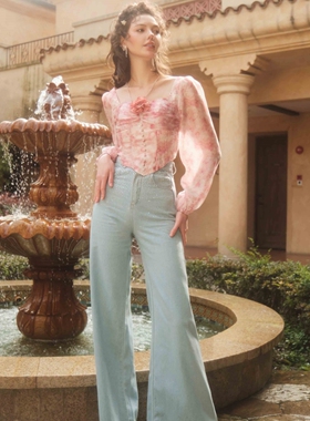 IA WARM AID ING 2024春夏新款 粉色花花水钻上衣百搭水钻牛仔裤