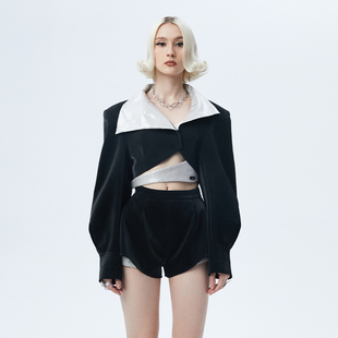 A字短裤 RAY 斜肩镂空拼接压花纹皮超模黑色西装 2R新款 BURST