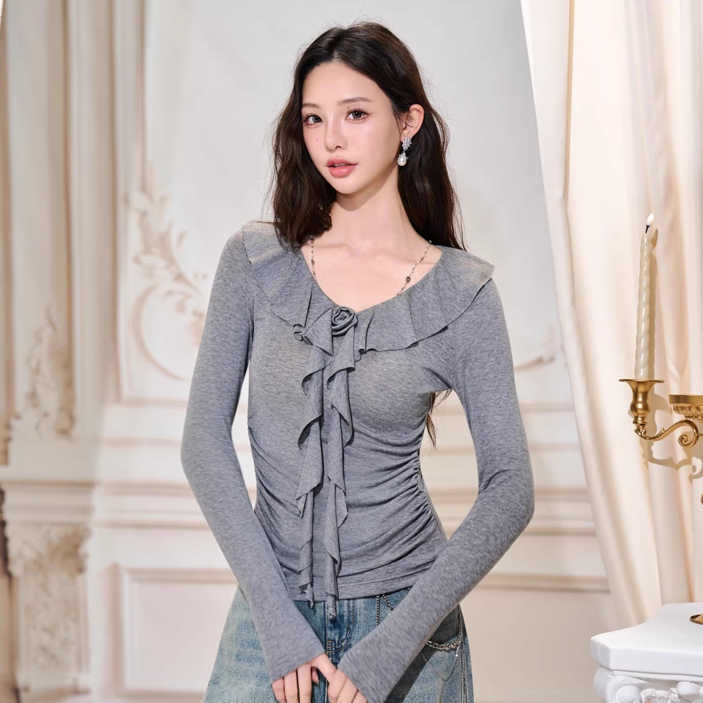 Three Quarters 25AW 灰色莱赛尔荷叶边法式浪漫长袖T恤