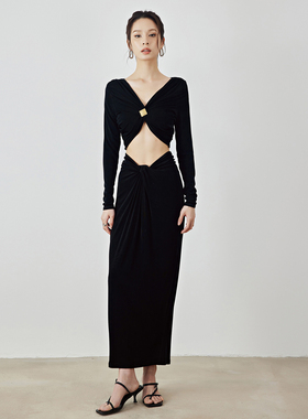 MOOD X MIURA 2024夏季新款长袖褶皱醋酸针织上衣长款针织半身裙