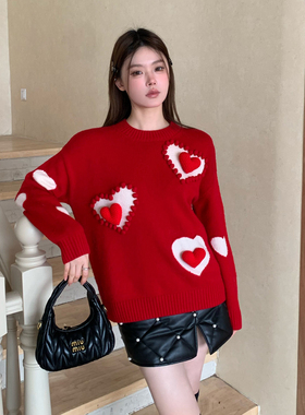 【清货折半裙`】Aimme sparrow红立体爱心针织毛衣羽绒菱形格半裙