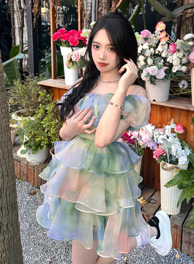 ARTE PURA绿色印花苞抹胸裙设计一字肩气质短裙连衣裙