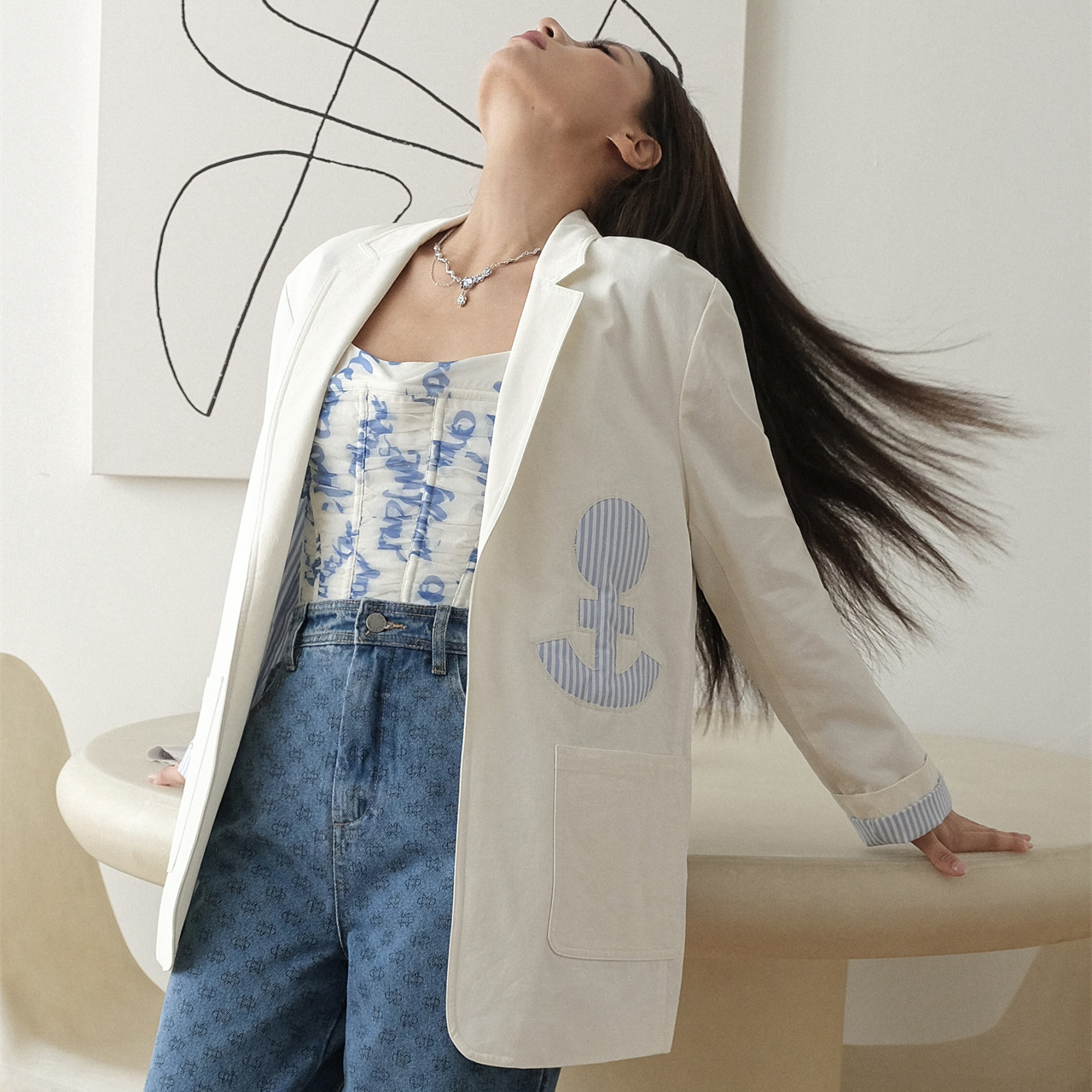 deepmoss西装外套白棉质廓形夹棉