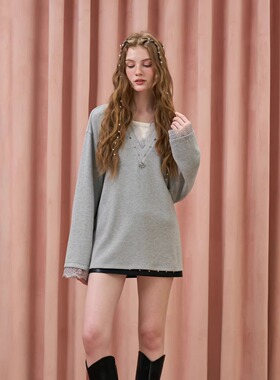 Three Quarters25AW 灰色假两件拼接蕾丝V领宽松套头T恤