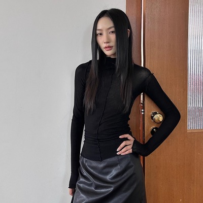 CNLEEWEI 25秋季新款可拆玫瑰蕾丝绑带卷边针织打底上衣