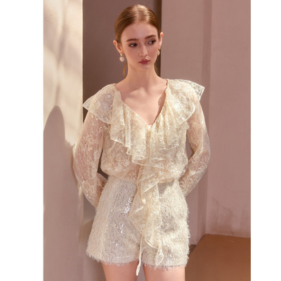 Wardrobes by chen25A 重工立体珠绣蕾丝V领荷叶边⻓袖上衣短裤