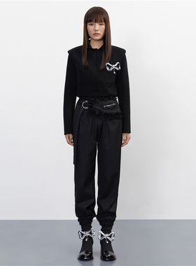 【清货折裤SM】4MILE AW不对称绑带黑色花边腰包束脚高腰长裤