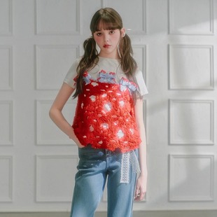 蕾丝绑带阔腿垂感牛仔裤 GUO 珊瑚红镂空镶边吊带 25SS JINGYI