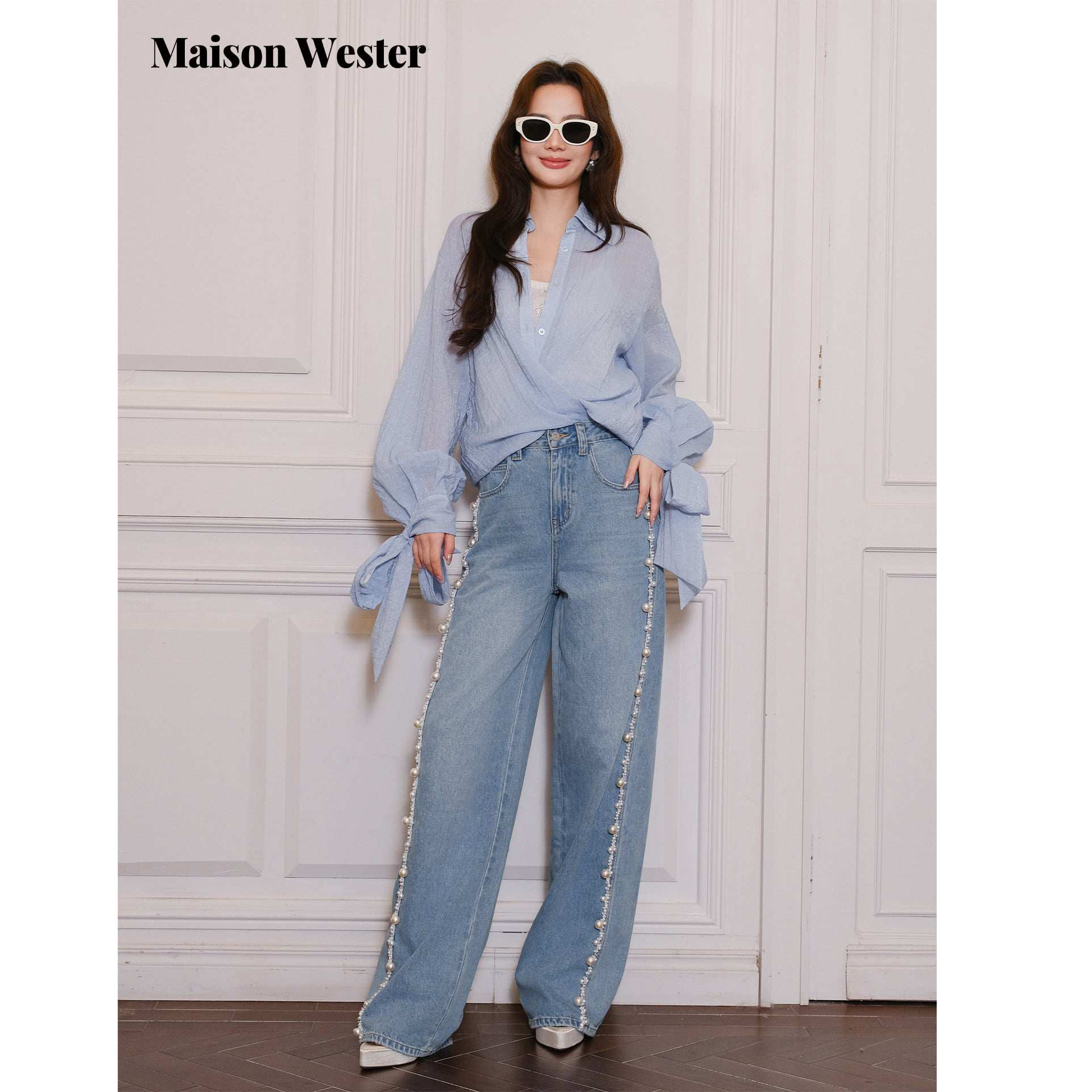 Maison Wester2026春季新品拼蕾丝袖口飘带蓝色衬衫上衣