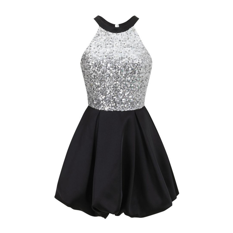 Three Quarters 黑银色亮片拼接花苞裙法式约会千金复古连衣裙