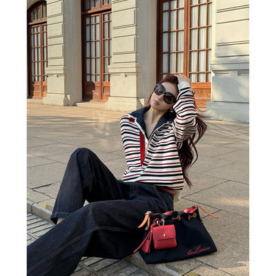 CNLEEWEI 26SS新品 撞色拼接双层领条纹宽松针织上衣 弯刀牛仔裤