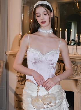 【清货折】Jean SOO  盐渍樱花蕾丝拼接鱼骨缎面吊带上衣飘带半裙