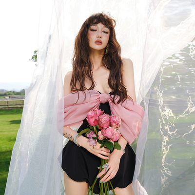 黑灯笼连体裤粉欧根纱蓬蓬裙