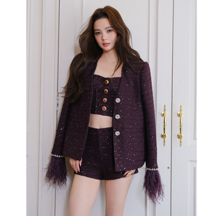 高级亮片小香风V领驼鸟毛装 饰呢外套 Wester25秋季 Maison