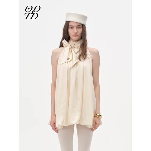 【设计师女装】ODTD26早秋新款缎面小礼服连衣裙蝴蝶结公主风无袖