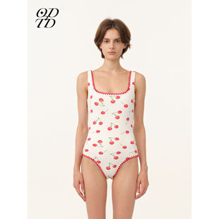 樱桃印花贝壳针撞色连体泳衣度假风 ODTD26春夏新款 设计师女装