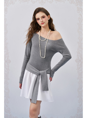 Three Quarters 26SS新款 灰色羊毛斜肩系带针织连衣裙