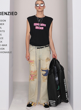 【清货折SM】LOST GENERAL破洞装饰浅灰色牛仔裤牛仔长裤宽松