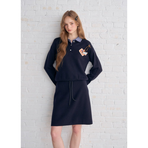 Aimme sparrow25FWW 藏青腊肠小狗配饰格纹拼接上衣抽绳系带半裙