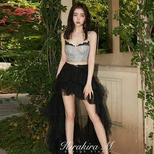 Kirakira M 2RSS新款蕾丝钻饰吊带上衣不规则前短后长网纱裙短裤