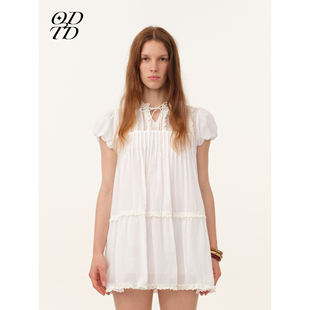 短款 塔克蕾丝花边宽松泡泡袖 ODTD26春夏新款 连衣裙 设计师女装