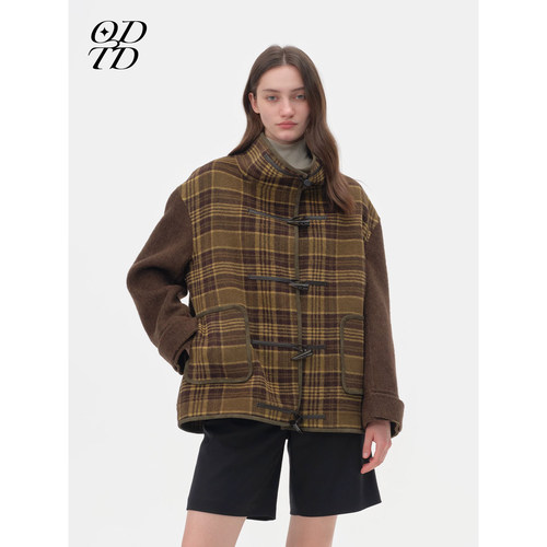 【设计师女装】ODTD26秋季新款格子撞色长外套女英伦复古休闲上衣