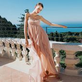 明星同款 Nana Jacqueline 后挂脖大露背浪漫花边长款 连衣裙